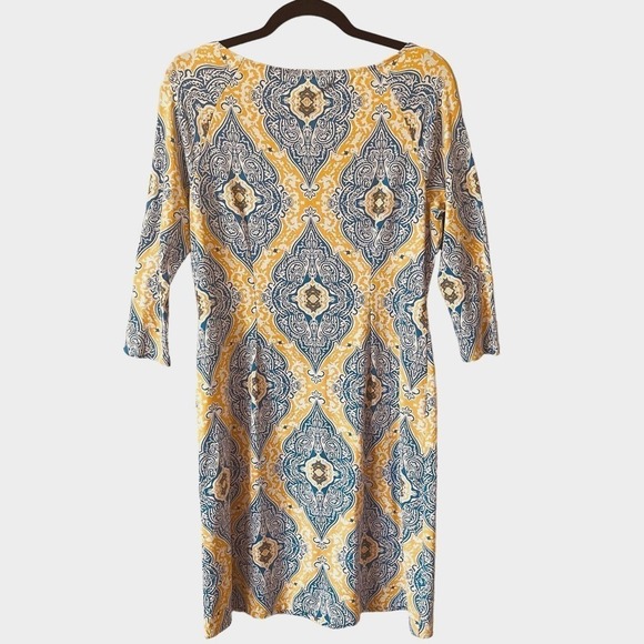J. McLaughlin Women's Size M Dress Catalina Cloth Stretch Yellow Blue Damask - Picture 3 of 9